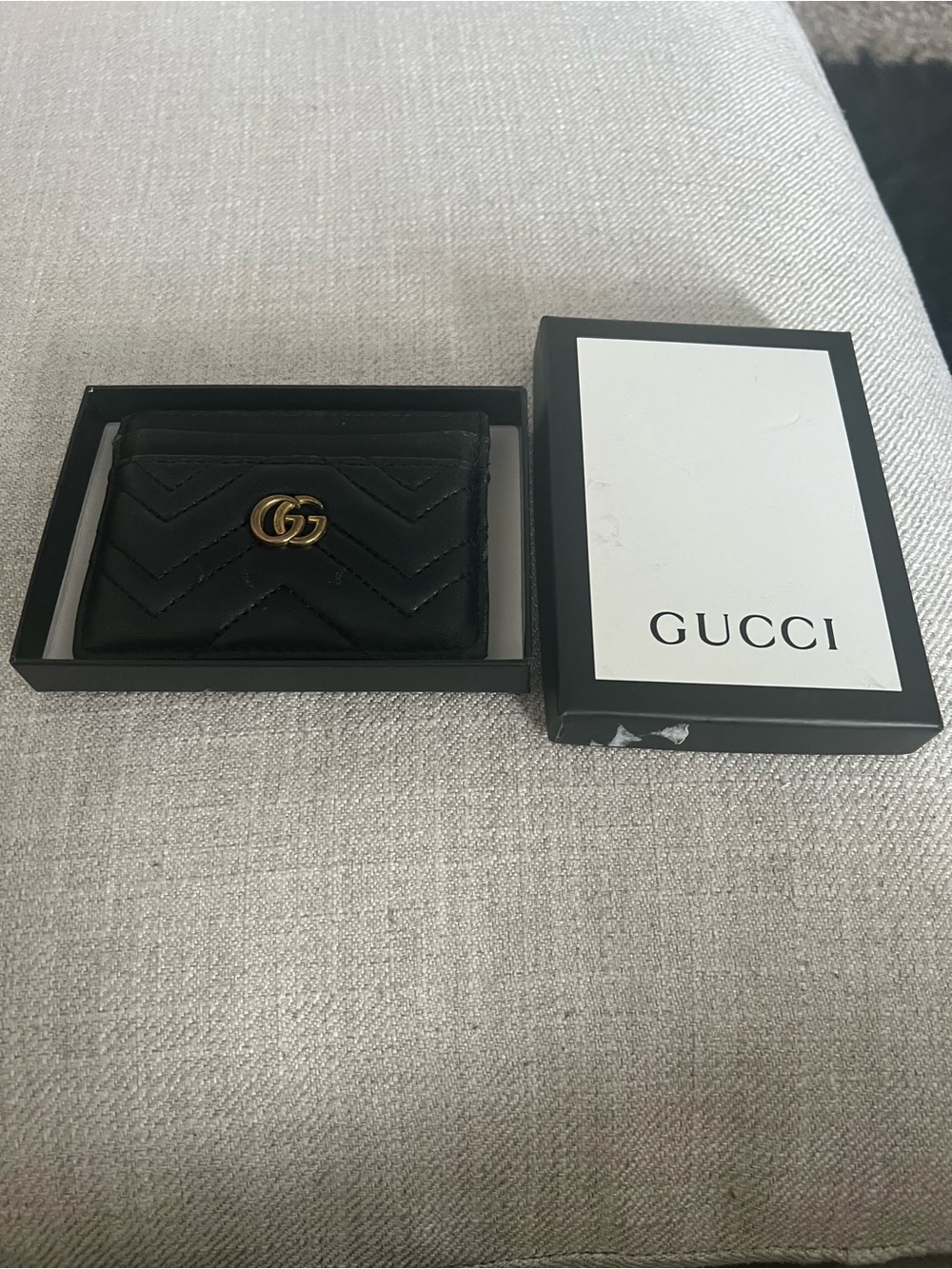 GG Black Quilted GG Marmont Card Holder with Gold Hardware